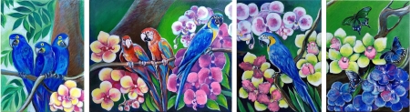 Parrots and orchid by artist Anastasia Shimanskaya